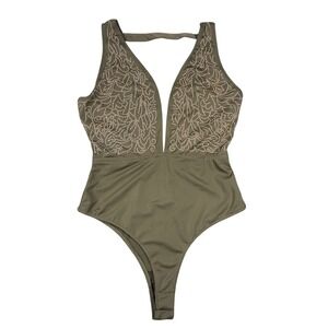 Luxxel Olive Green Studded Deep V-Neck Bodysuit Womens Small